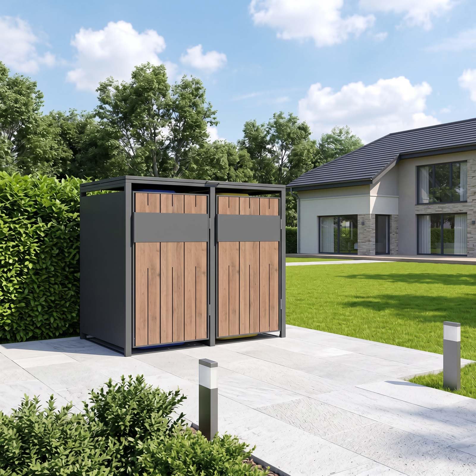 SCHARTEC® SMBS4-2 Lot de 2 boîtes à poubelles anthracite avec design en bois foncé, 1 couvercle, 2 tonnes, utilisation à une main, 240 l, protection contre les regards indiscrets