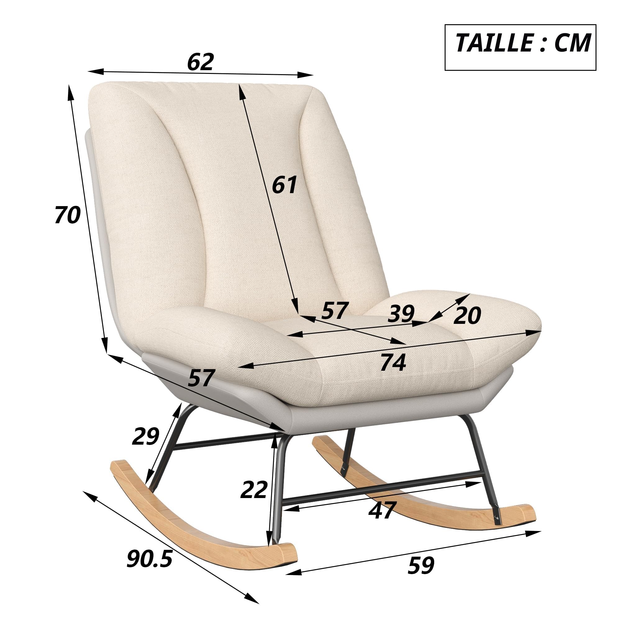 Fauteuil à Bascule, Rocking Chair, revêtement Bouclette, Fauteuils Allaitement, Chaise à Bascules, Fauteuil à Bascule Moderne, Rembourré en Tissu Beige, Cadre en Métal et Bois, Beige