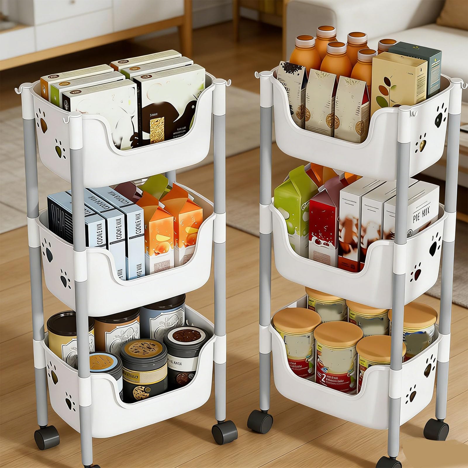 Carrello multiuso con ruote a 3 livelli, adorabile organizer in polipropilene a forma di orso, per cucina e camera da letto (3 strati, bianco e grigio)
