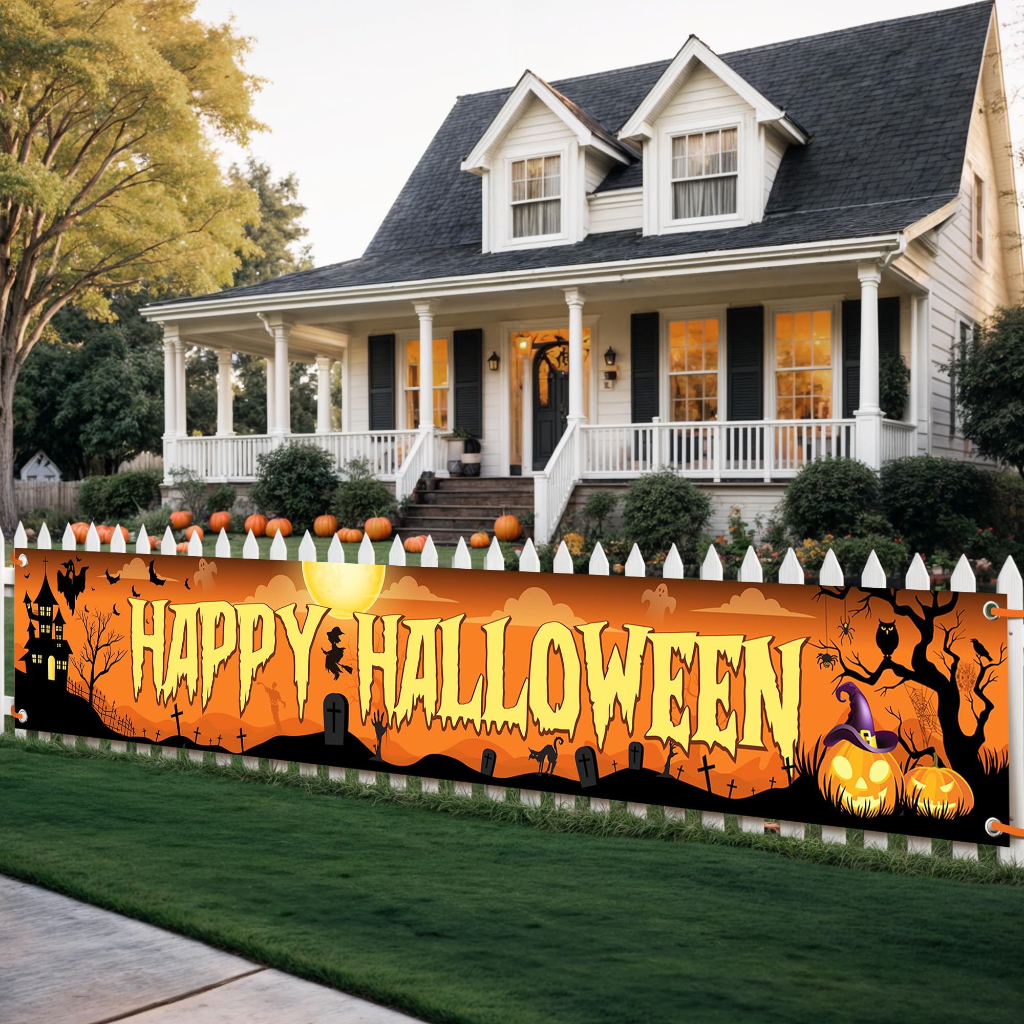 Katchon, Happy Halloween Banners For Outside-120x20 Inch Orange And Black Yard Sign | Halloween Decorations Outdoor Banner | Summerween Party