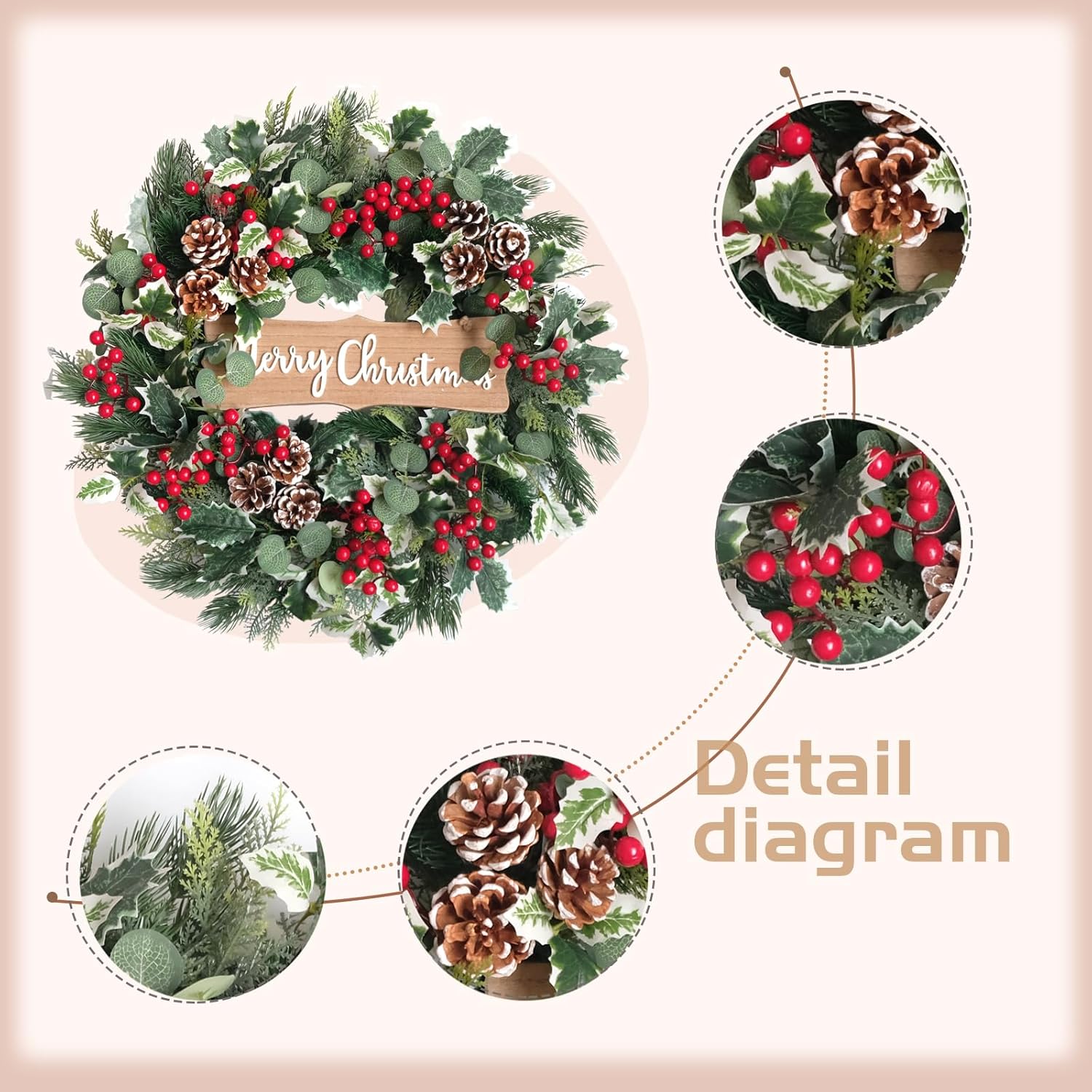 idyllic Christmas Wreath-22 Christmas Decoration Wreaths for Front Door Winter Spring Wreath with Pine Needles Eucalyptus Holly Leaves Pine Cones Red Berries for Indoor Outdoor Home Wall Decor - Image 2