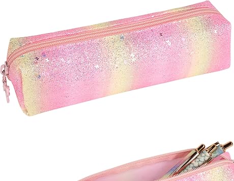 Pencil Pouch Glitter, Pencil Case, Portable Pen Bag with Zipper, Storage Bag, Travel Accessories Bags, Makeup Brush Holder, for Study and Daily Work 1Pcs Pink yellow