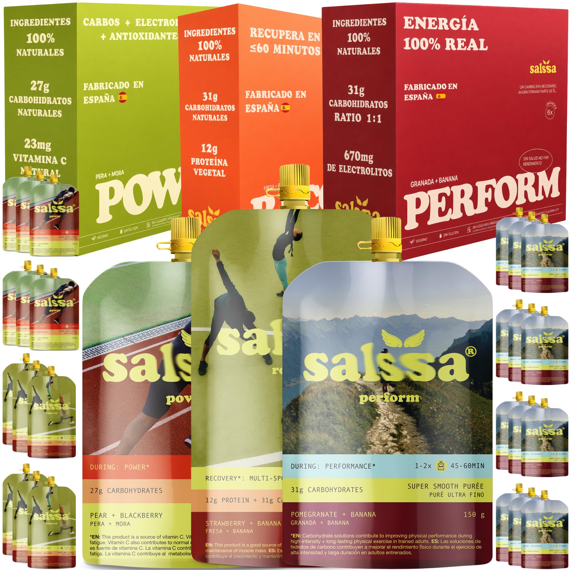 Endurance PRO Kit 24 Pouches Ingredientes 100% Naturales | 12 Perform + 6 Power + 6 Recover | Nutrición para Deportes de Resistencia | Energía, Proteína y Electrolitos | Running Trail Ciclismo