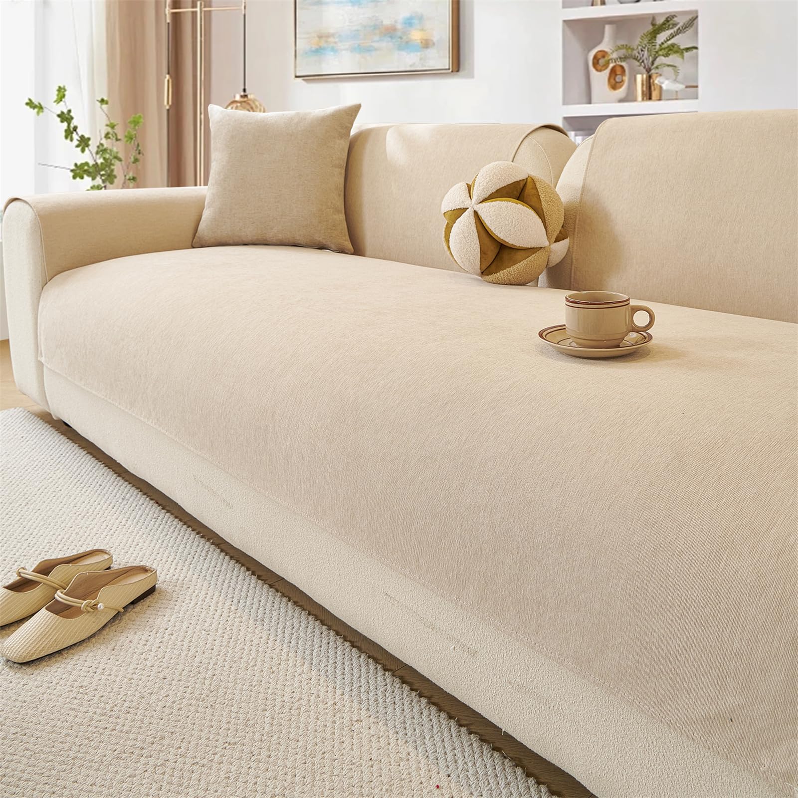Lingky Beige Soft Chenille Sofa Covers Washable - Sofa Cushion Covers, Non-Slip Sofa Cover 1 2 3 Seater, Couch Covers For Sectional Sofa, Sofa Slipcovers L Shape Furniture Protector (,90X180cm)