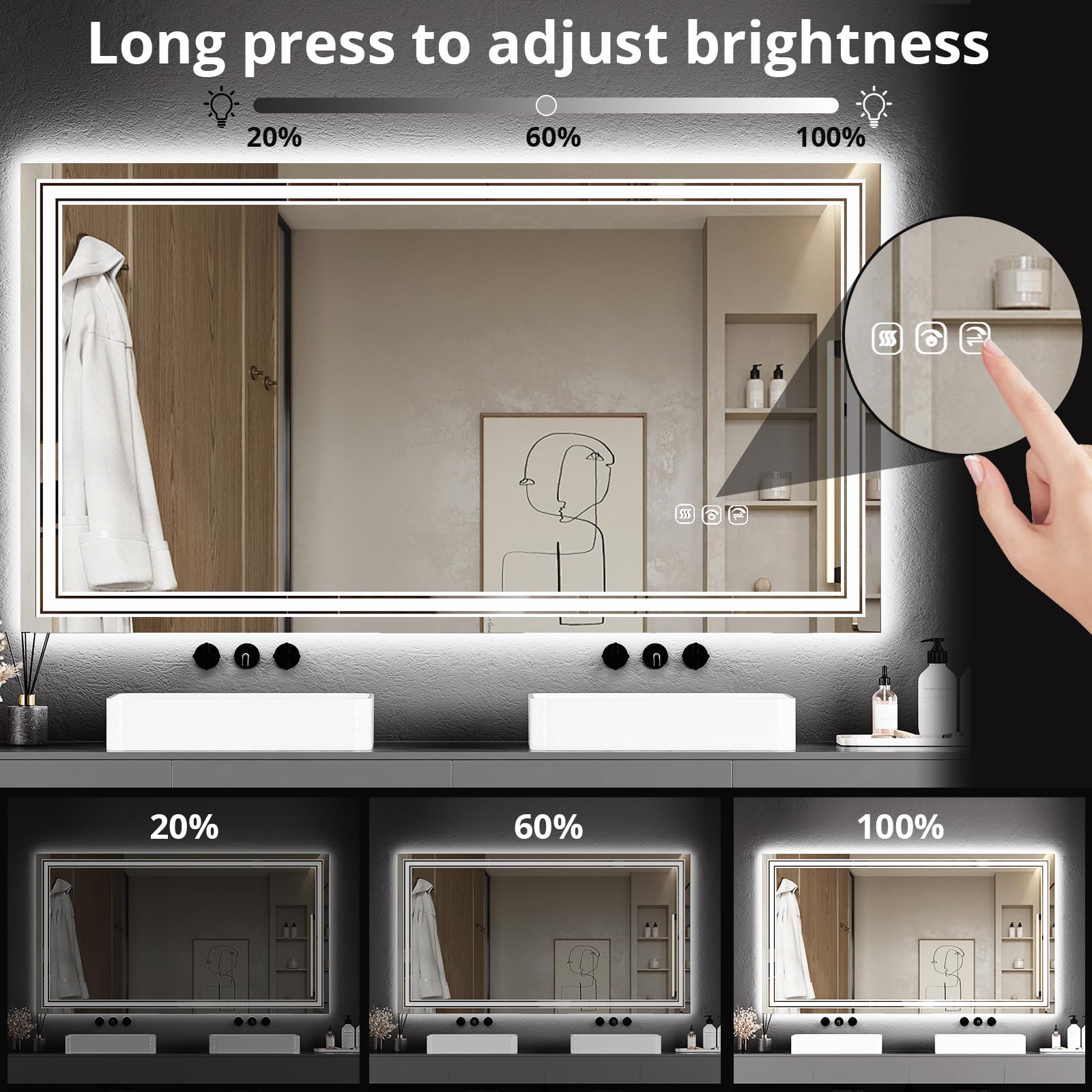 IDEALHOUSE 55x30 LED Bathroom Mirror with Lights,Anti-Fog,Dimmable,Backlit + Front Lit,Lighted Mirrors for Bathroom Wall,Double LED Vanity,3 Colors, Lighted Mirror,Stepless Dimming