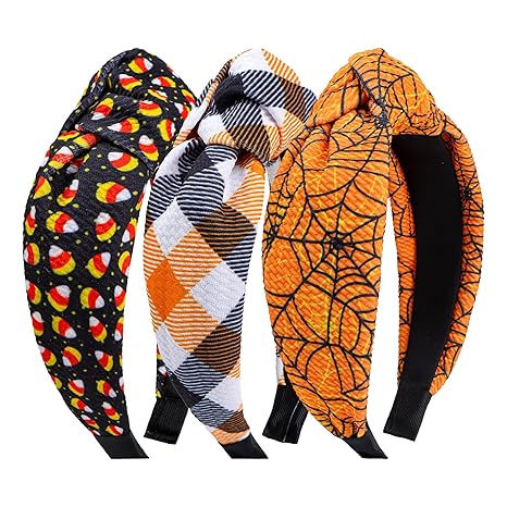 YanJie Halloween Headbands for Women Ghost Skull Pumpkin Hair Accessories Halloween Gifts Womens Knotted Headband Non Slip Hair Hoop Spider Candy Plaid