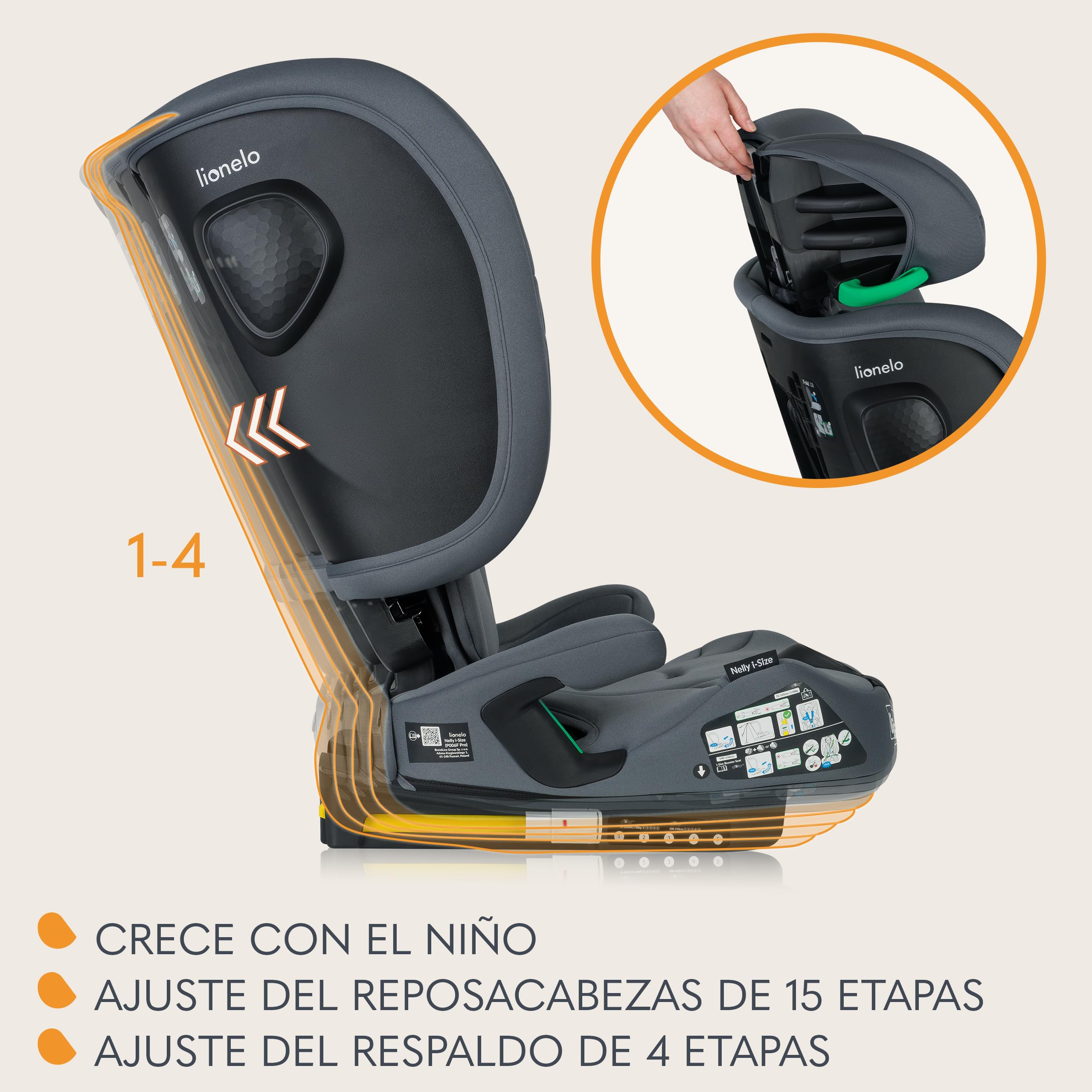 LIONELO NELLY I-SIZE Silla de Coche Para Bebé Plegable 76-150 cm (aprox. de 15 meses a 12 años) Grupo 1 2 3 Fijación Trasera ISOFIX y Cinturón TT, Protección Lateral, Reposacabezas y Respaldo Ajustabl | Instalación ISOFIX, correa superior, reposacabezas a
