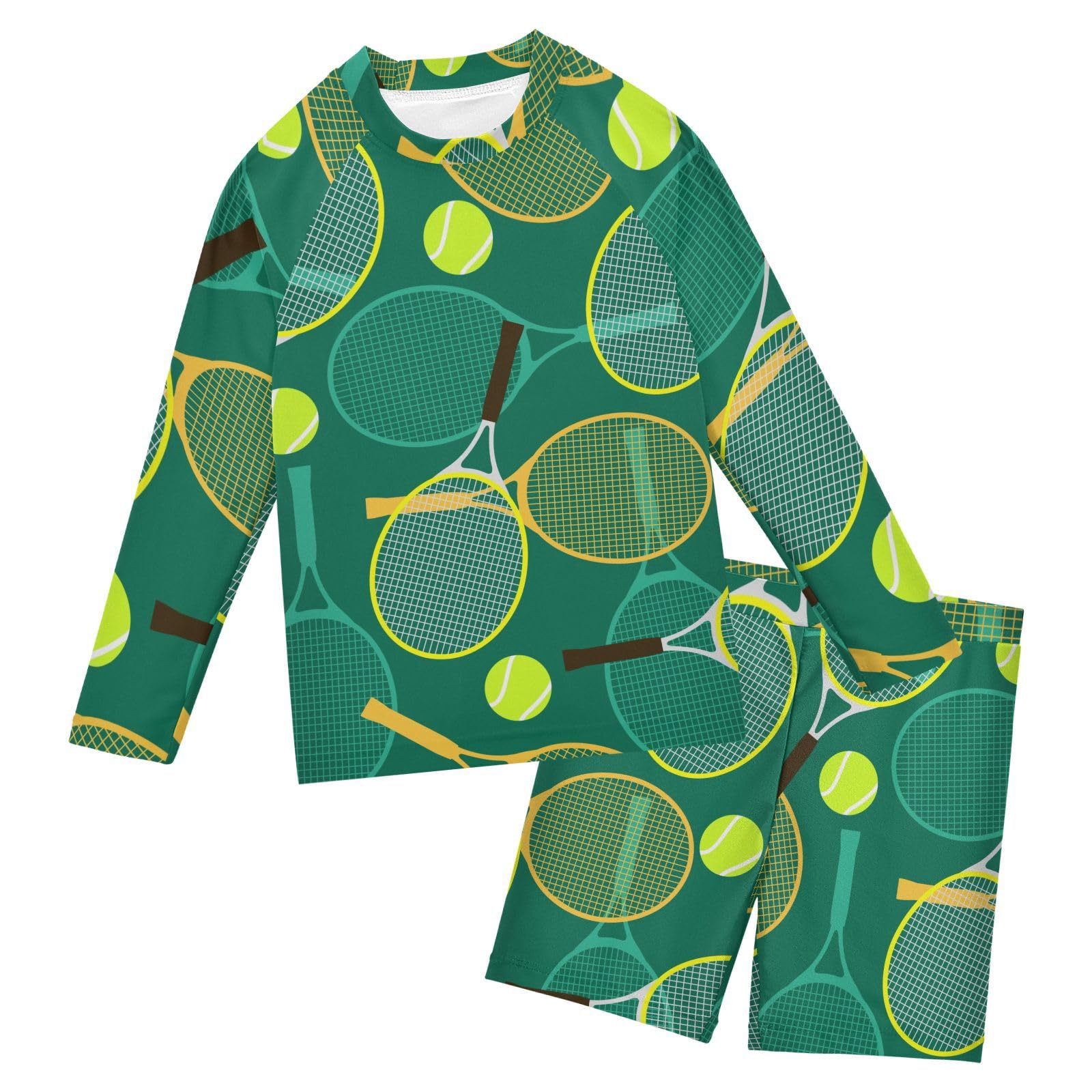 Aflyko Boys' Rash Guard Set Tennis Rackets Ball SPF 50+ Sun Protection Swimsuit Multicoloured