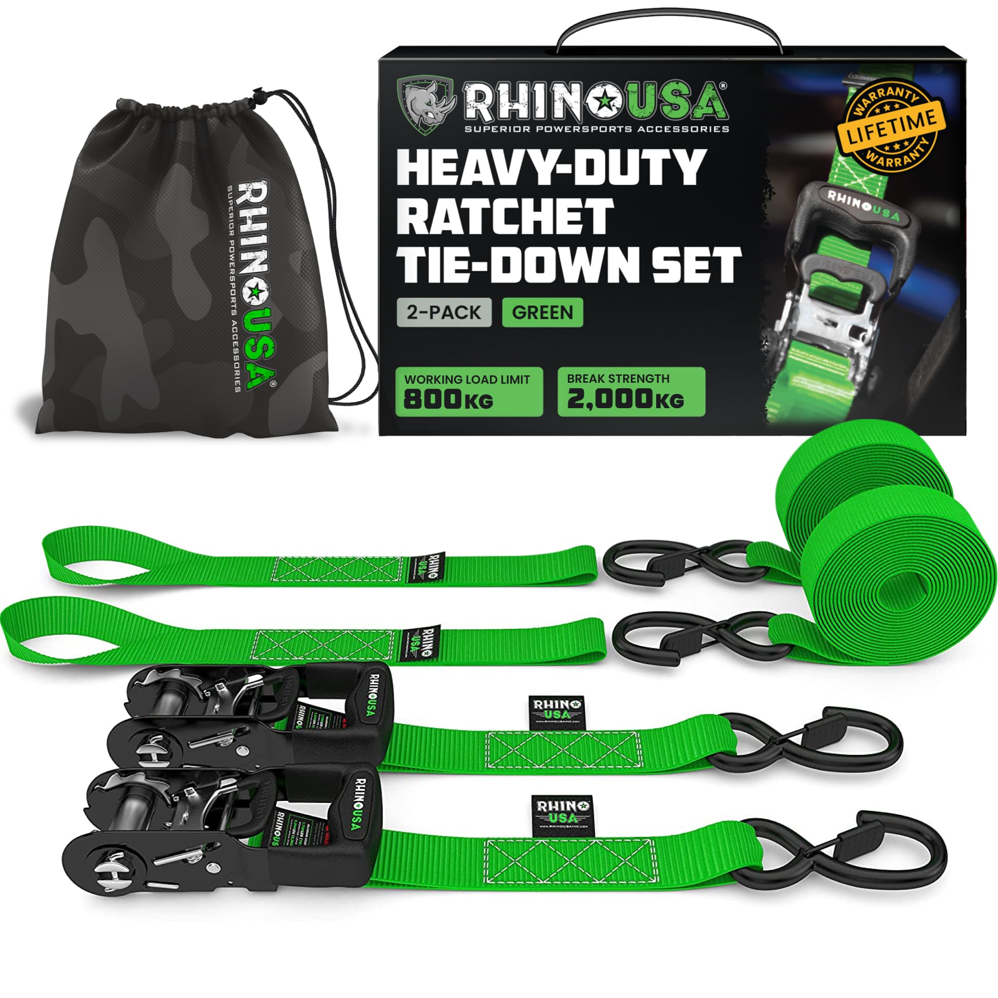 Rhino USA Ratchet Straps Heavy Duty Kit (2-Pack), 4cm x 2.4m (2,000kg Break Strength)
