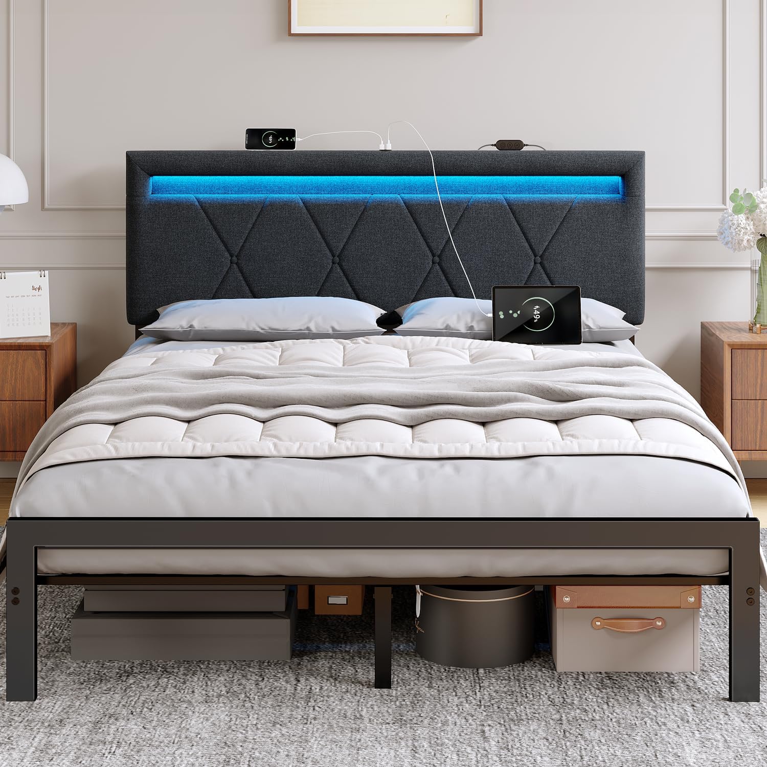 ROCHECASA Queen Bed Frame with USB Charging Socket and LED Light, Upholstered Bed with Height Adjustable Headboard, Noise Free, Easy Assembly, Dark Grey