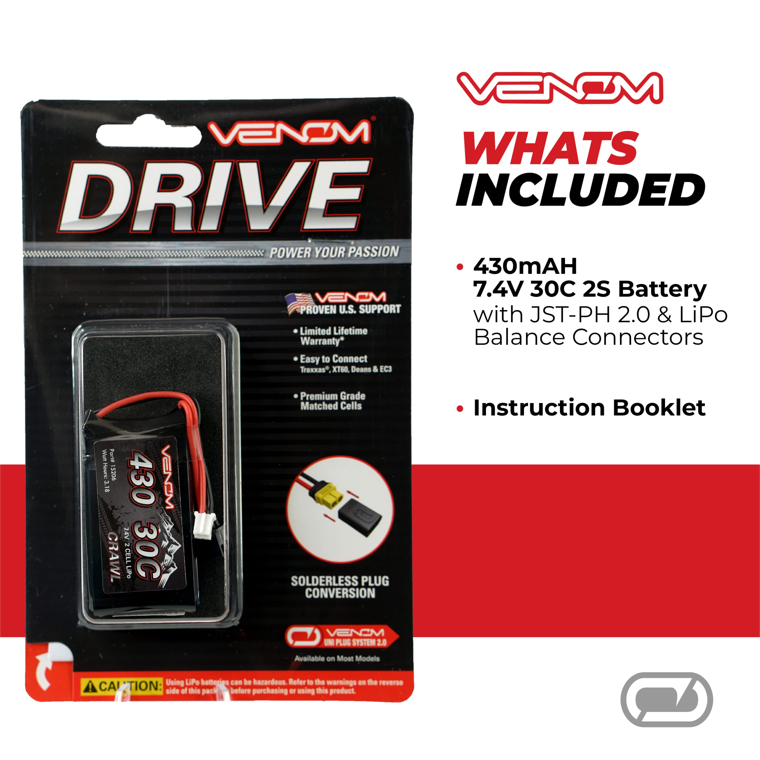 Venom Power Drive 30C 2S - 430mAh 7.4V LiPo RC Battery - JST-PH