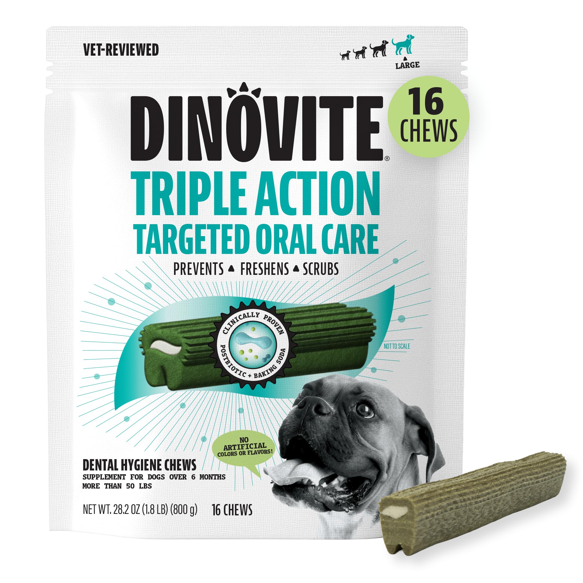Dinovite Daily Dental Chews for Large Dogs, Freshens Breath, Mint, 16 Count