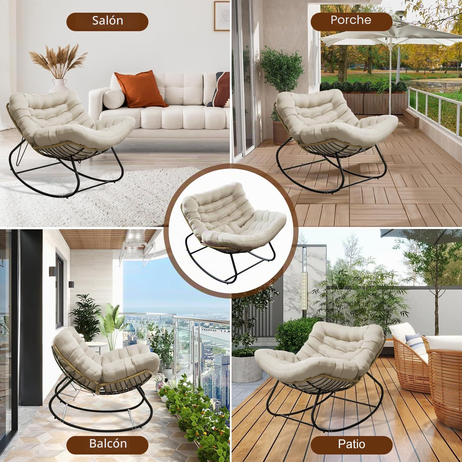 Mecedora, Sillón Mecedor Ergonómico Extra Grande, Mecedora de Ratán, Silla Relax con Cojín Extra Grueso, Ideal para Balcón, Jardín y Salón, Capacidad de Carga Hasta 140kg (Beige)