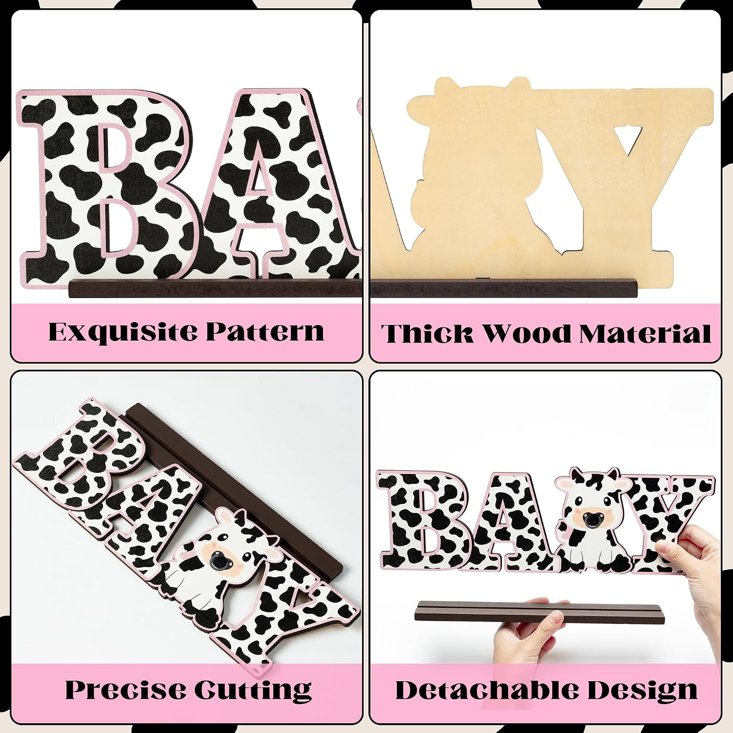 ANGOLIO Baby Cow Print Wooden Table Centerpiece, Cow Theme Party Decor, 13.7 x 4.5 Inches