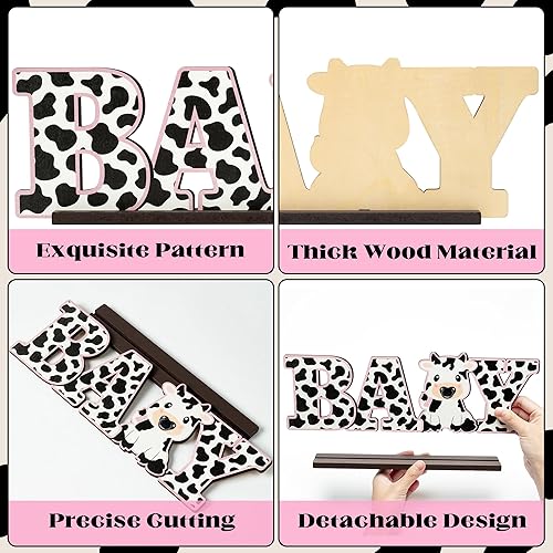 Miniatura 3 de ANGOLIO Centro de mesa de madera con estampado de vaca bebé, decoración de fiesta temática de vaca, 13.7 x 4.5 pulgadas