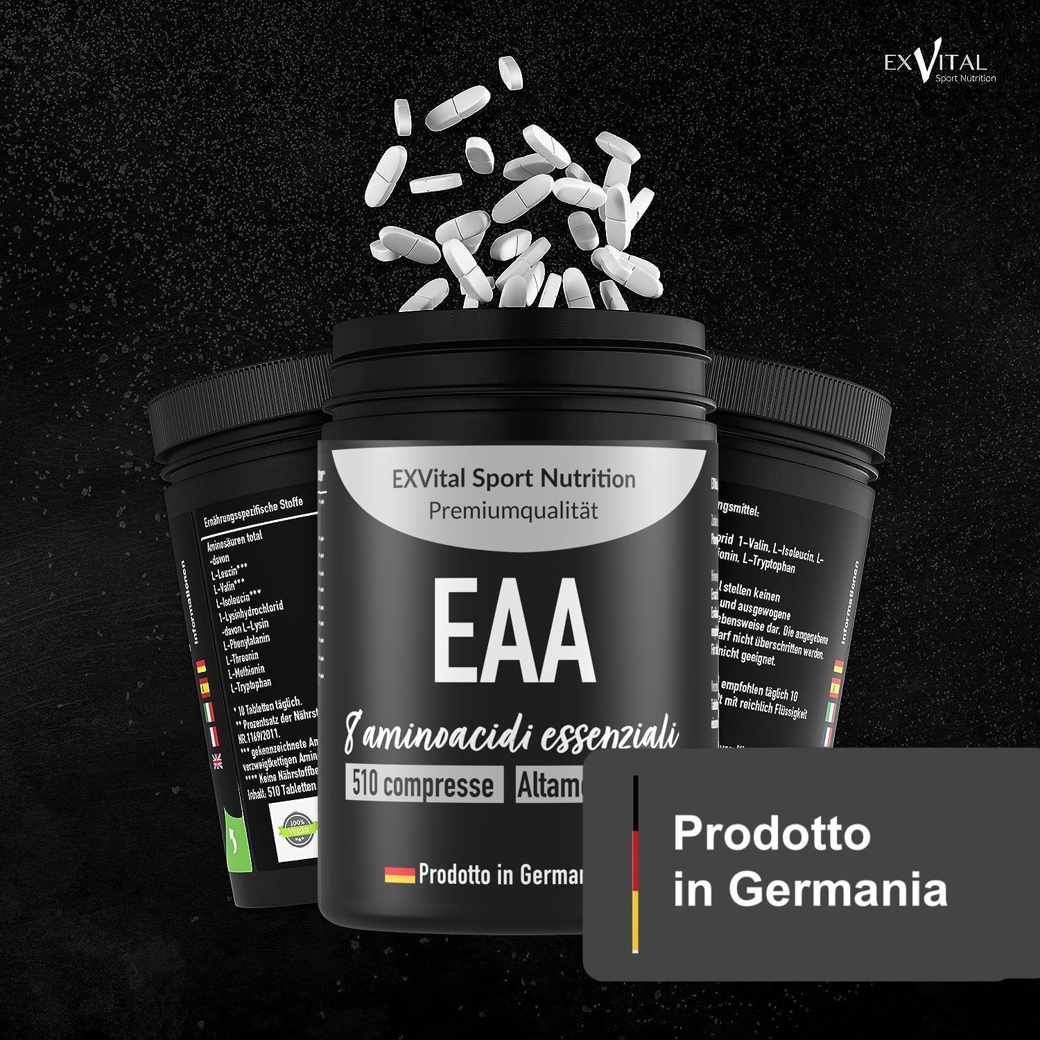 EXVital® EAA Aminoacidi Essenziali con 1036 mg per compressa - 510 compresse, Tutti gli 8 aminoacidi essenziali EAA - Multi Amino altamente dosati - Vegano - Prodotto in Germania- Senza additivi