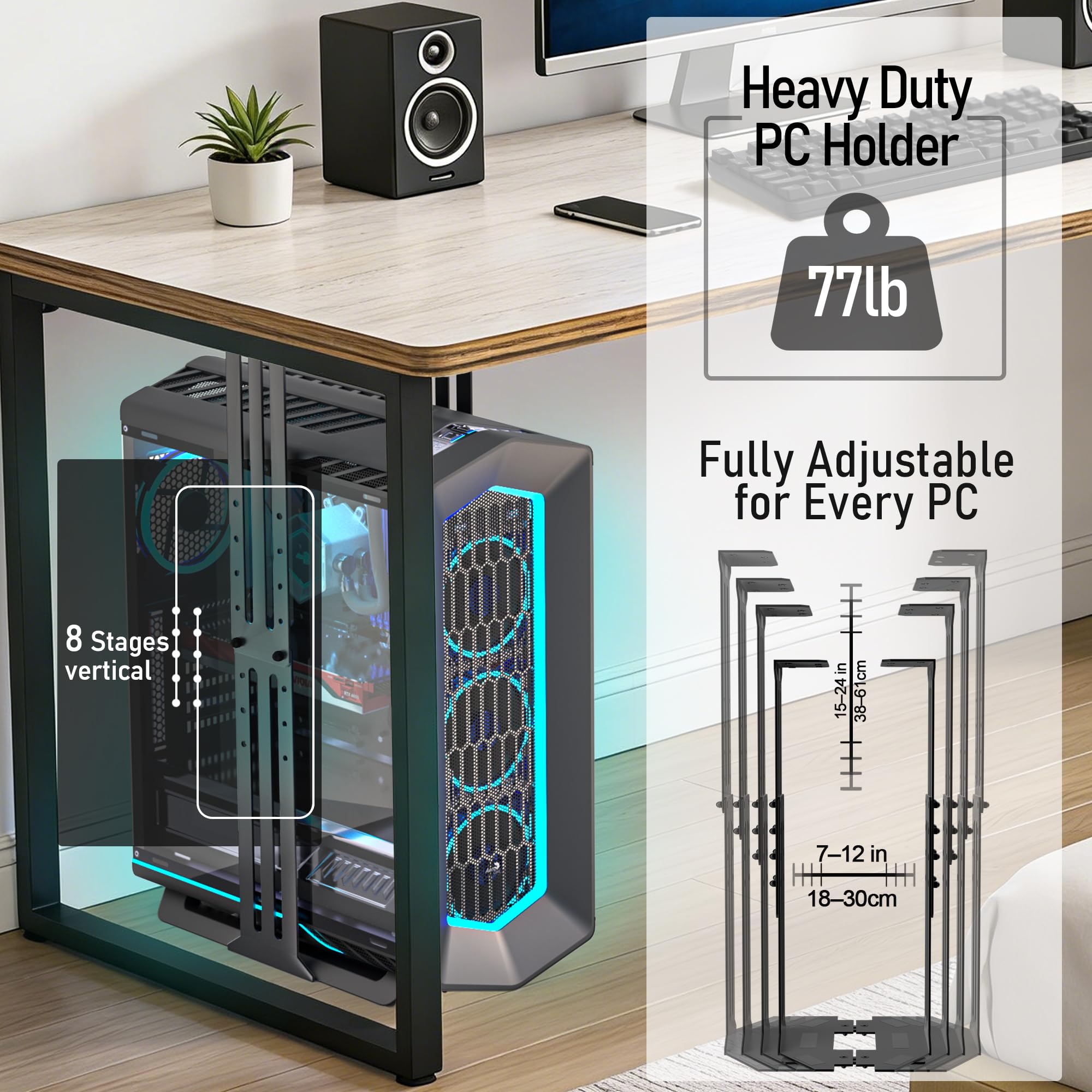 Supporto da scrivania per PC, 34 kg, larghezza 18-31 cm, regolabile, con tappetini protettivi, per case a torre in ufficio, giochi, laboratorio e casa, nero