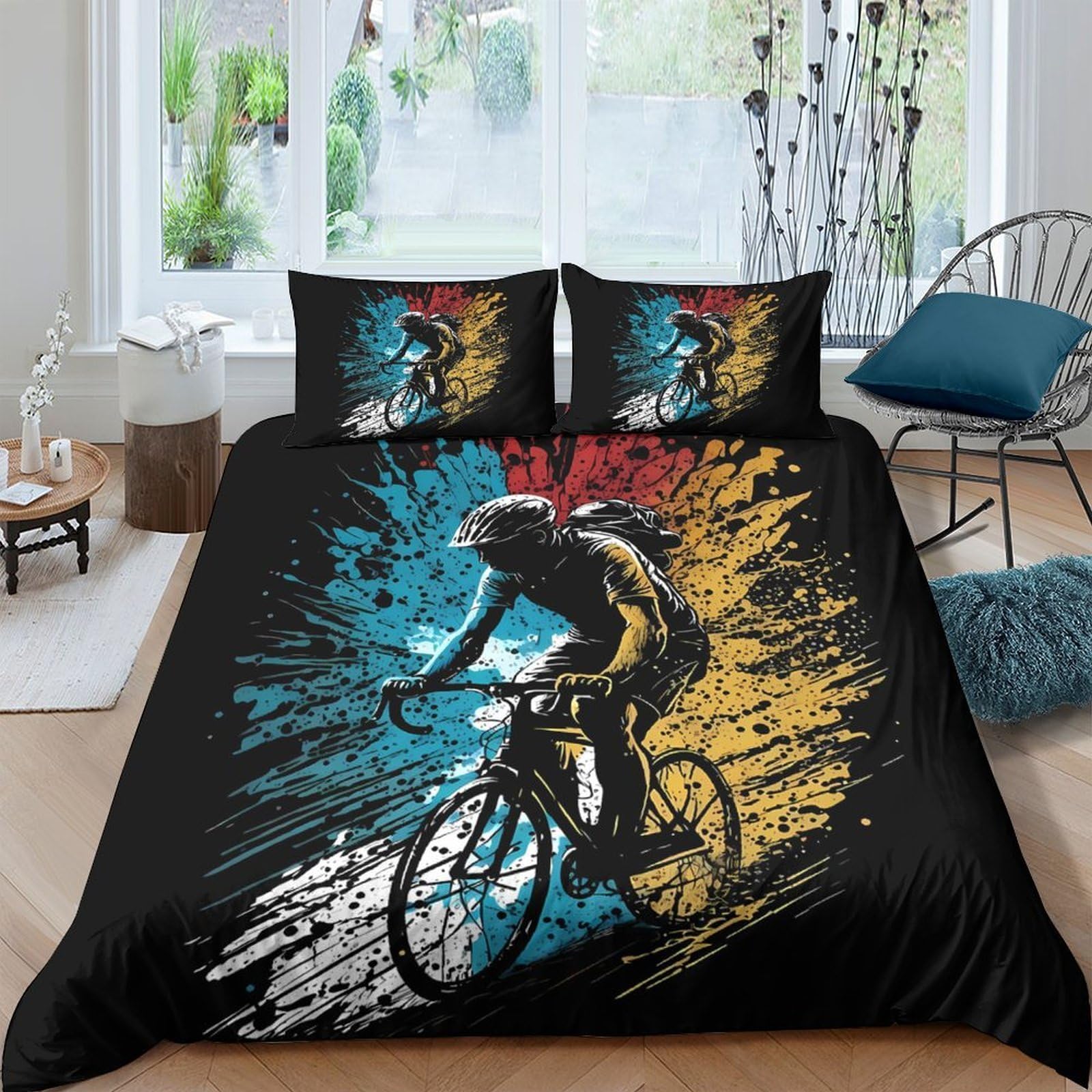 Ctjqhvkz Style-4 3D Printed Colorful Cyclist Fitted Sheet Microfiber Soft Anti-Slip Bike Art Bed Cover For Bedroom Dorm Mattress Decor Single（135X200cm）