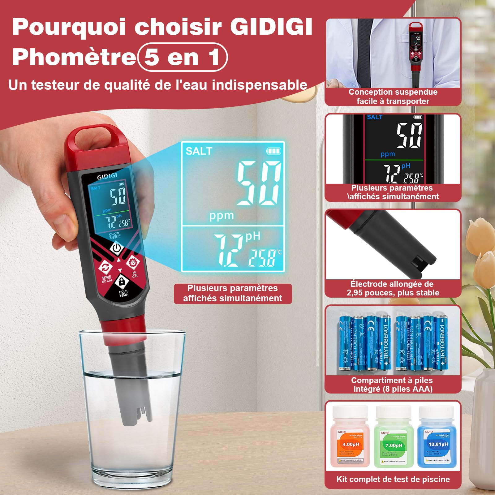 Testeur de sel pour piscine, Testeur de pH 5 en 1 avec écran couleur,Affichage simultané du pH, de la salinité et de la température,Convient aux piscines, aquariums, spas et hydroponiques