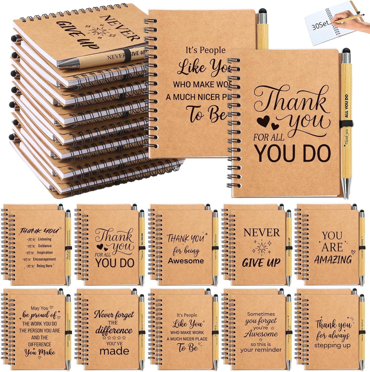 60pcs/30 Sets Employee Appreciation Gifts Bulk, 30 Inspirational Notebooks & 30 Motivational Pens for Coworker Gifts, Team Building, Nurse, Volunteer, DSP, Housekeeping, EVS Staff Office Gift