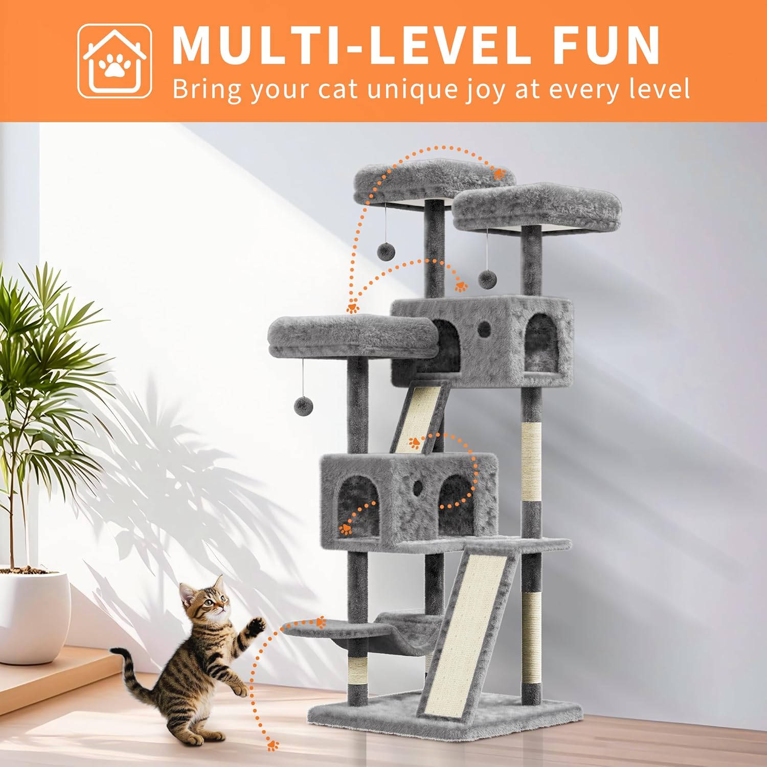 Large Cat Tree for Big Cats 66 in Multi-Level Tower with Spacious Condos Hammock Perches Sisal Posts & Hanging Balls for Indoor Play and Rest