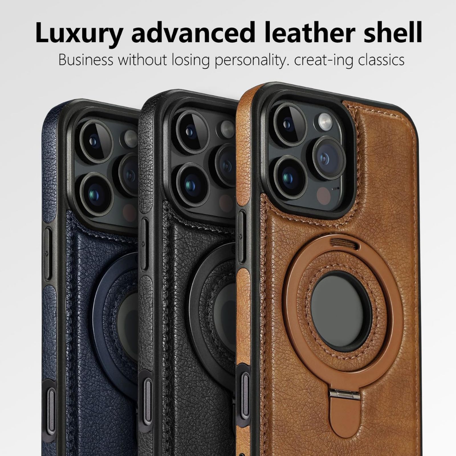 Braun,16 Pro, Lederhülle Für iPhone 16 Pro Max/16 Pro/16 Plus/16, Unterstützt Drahtloses Aufladen Schutzhülle Mit Ring Ständer Fall Case Logo View