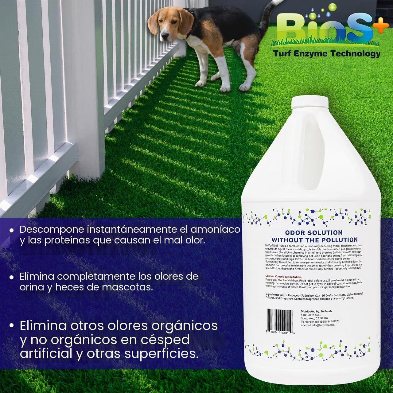 BioTurf BioS+ Kit limpiador de césped para orina de mascotas al aire libre – Limpiador de césped artificial concentrado desodorante para orina de perro y heces – Eliminador de olores enzimáticos de