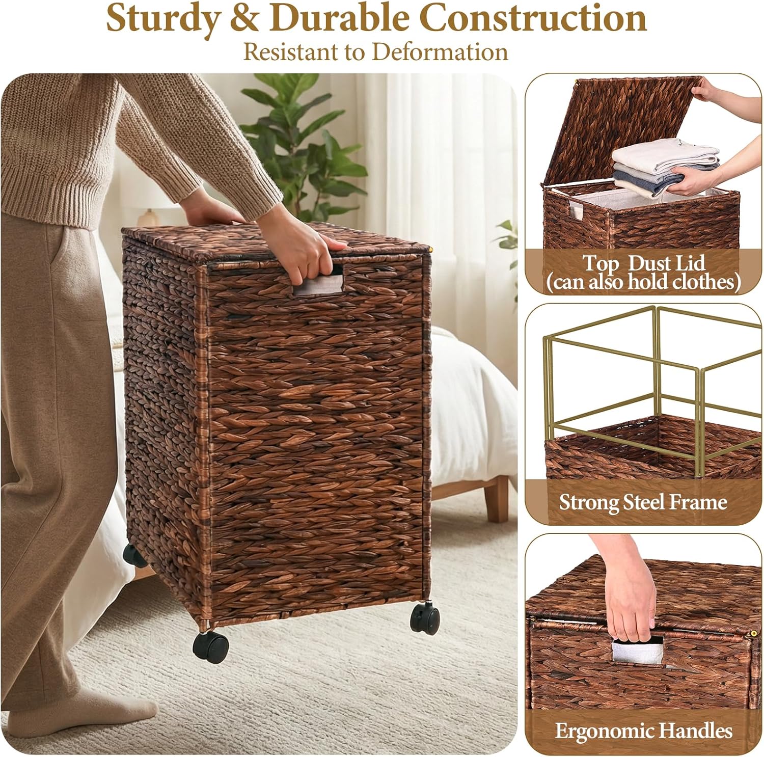 Livloe Wicker Laundry Hamper with Lid & Wheel, 23.8 Gallon (90 L) Handwoven Water Hyacinth Laundry Basket with Removable Liner & Handles, Sturdy Steel Frame for Bedroom Bathroom Laundry Room Espresso