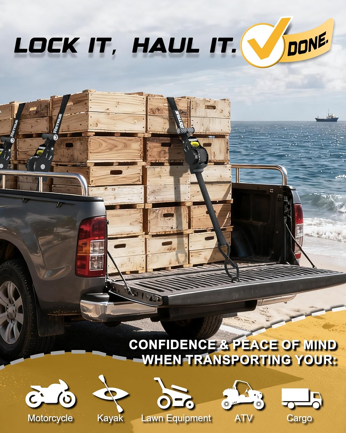 RETRUE Heavy Duty Self-Retracting Ratchet Straps, 10 Feet Retractable Ratchet Tie Down Straps with 1,500lb Break Strength for Trailers, Motorcycles, ATVs, Moving, Cargo Handling & More, Black (4 Pack) - Image 6