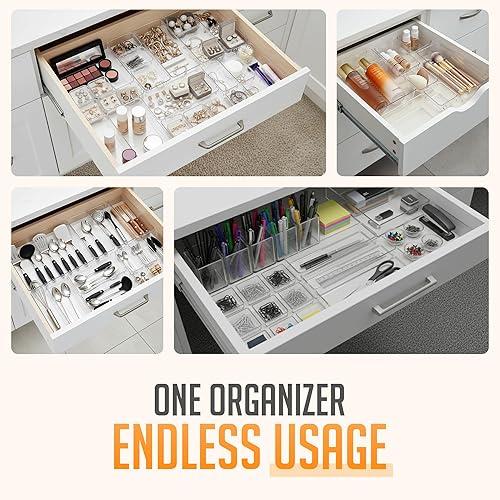 Vista 7 de Masirs Juego organizador de cajones transparentes – 25 cubos de almacenamiento de plástico para escritorio, baño, cocina, tocador, sistema modular