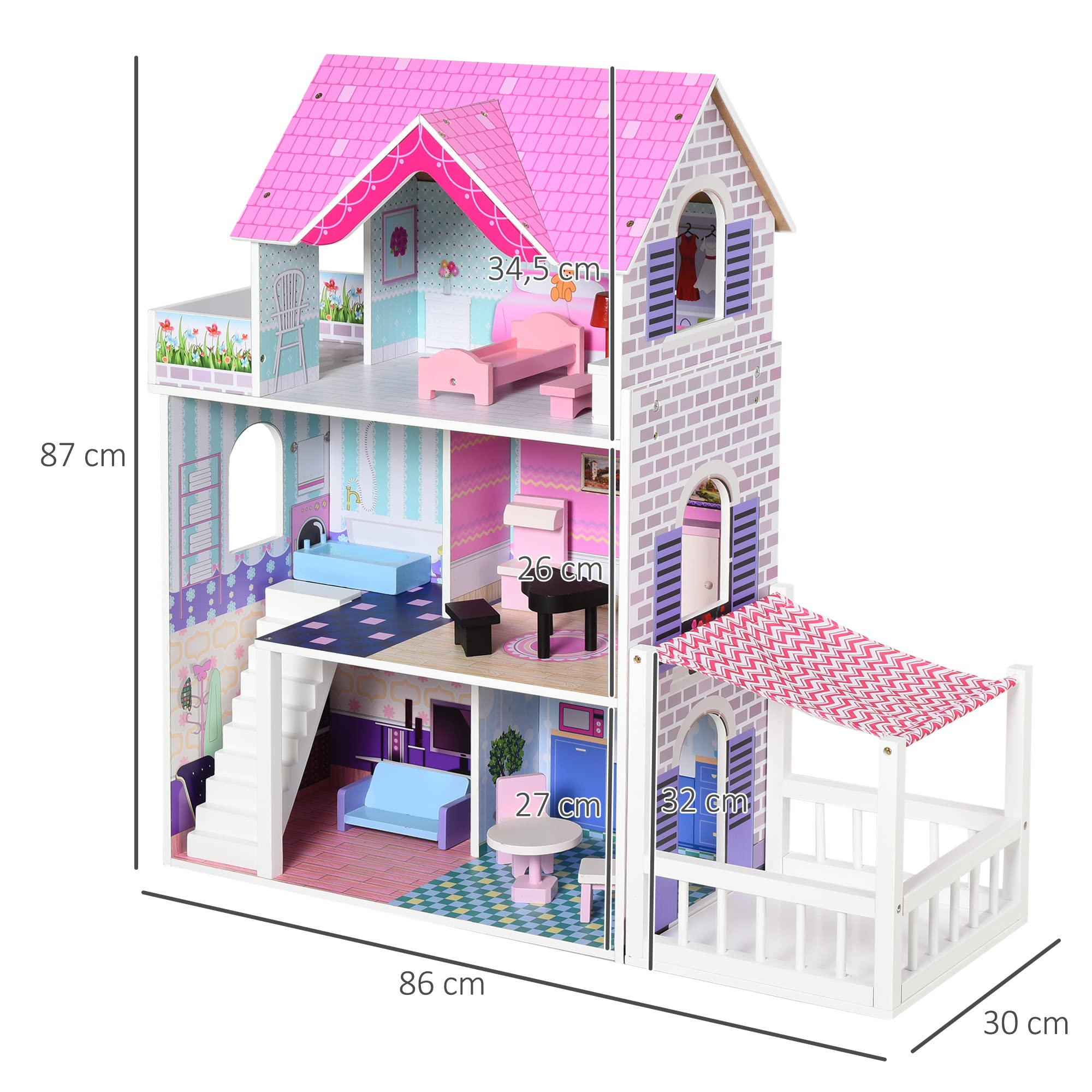 HOMCOM Casa de Muñecas de Madera de 3 Pisos con Patio 86x30x87 cm Rosa | Muebles y Accesorios de 13 Piezas, Diseño Lindo, Casita de Muñecas de Juguete