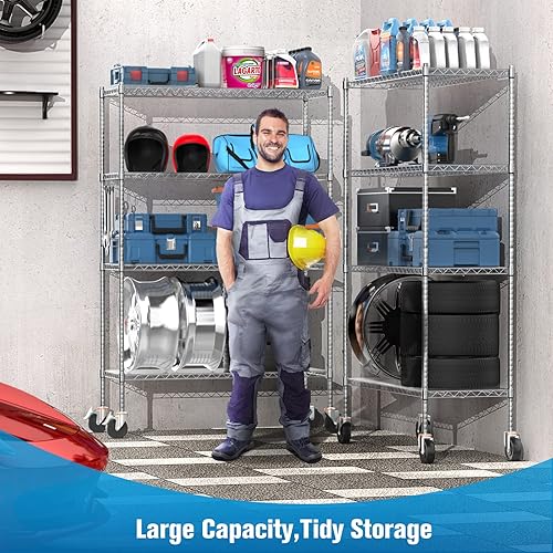 Miniatura 6 de Estantería de alambre con ruedas, estante de almacenamiento de metal resistente con certificación NSF de 2400 libras, estante de utilidad ajustable