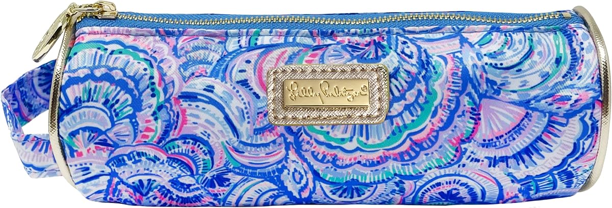 Lilly Pulitzer Cute Zipper Pouch, Happy As A Clam | Colorful Pencil Case with Zip Closure for Office Supplies, Small Slim Travel Bag with Carrying Loop Handle and Gold Details