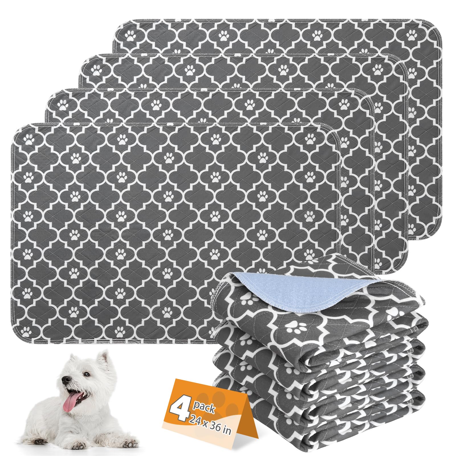 KOOLTAIL Washable Pee Pads for Dogs, 4 Packs Super Absorbent Leakproof &amp; Non-Slip Dog Pee Pad Large, Reusable Puppy Training Pads Waterproof, Pet Mat Rug for Whelping,Floor,Crate, Car, Cats, 24"x36"