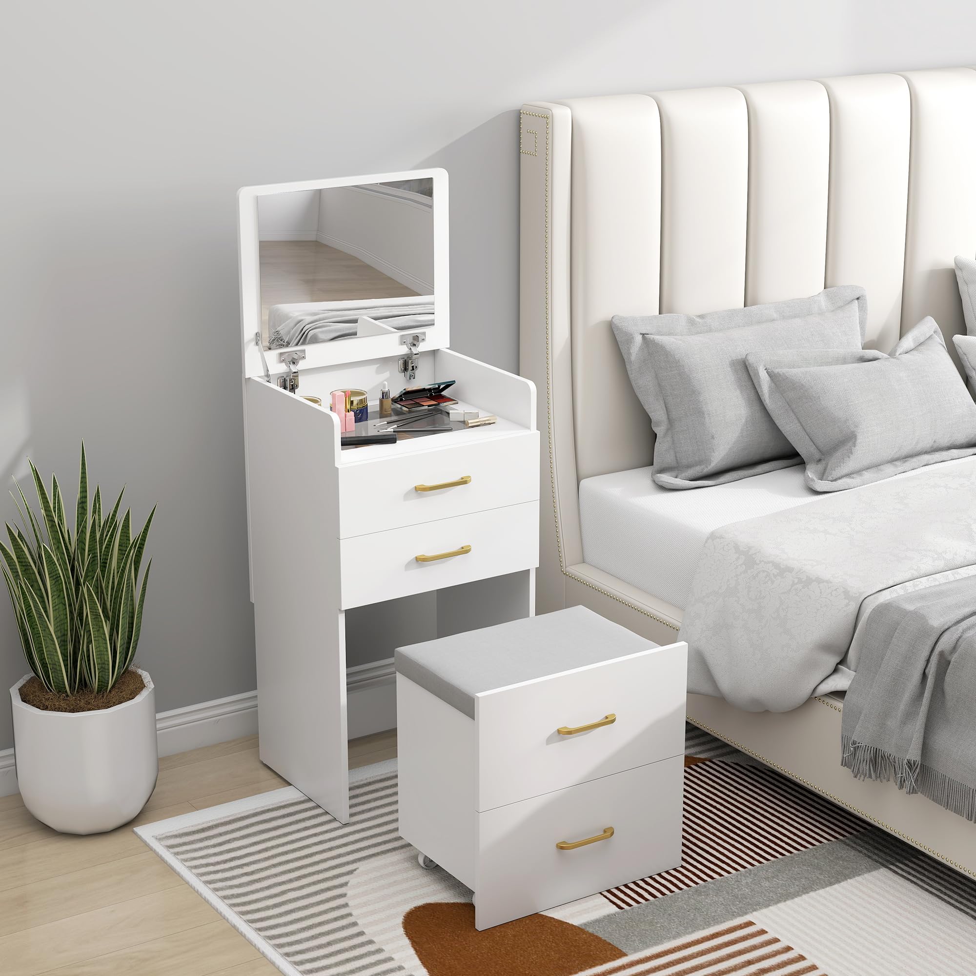 HOMCOM Coiffeuse avec Miroir et Tabouret 3 en 1 48 x 40 x 90 cm Blanc | Table de Maquillage, Plateau en Verre Visible, 3 Tiroirs, Coussin Rembourré, Roulettes, Bureau Coiffeuse