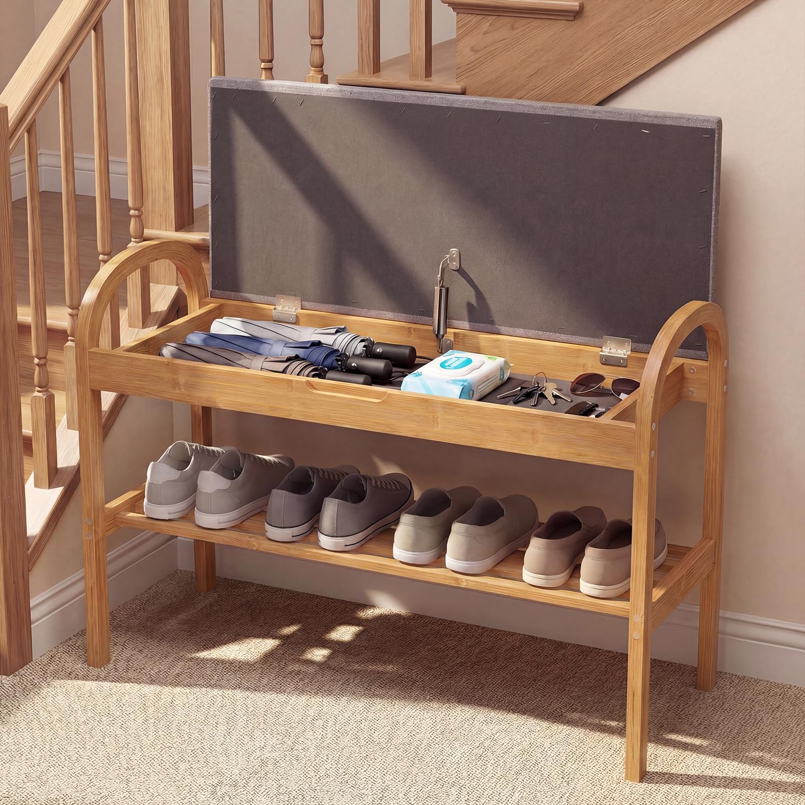 SOARS Panca Scarpiera da Ingresso in Legno Bambù 2 Livelli con Contenitore | Panca Imbottita Porta Scarpe per Corridoio, Camera da Letto e Soggiorno, Carico 150 kg, 70 x 30 x 51 cm
