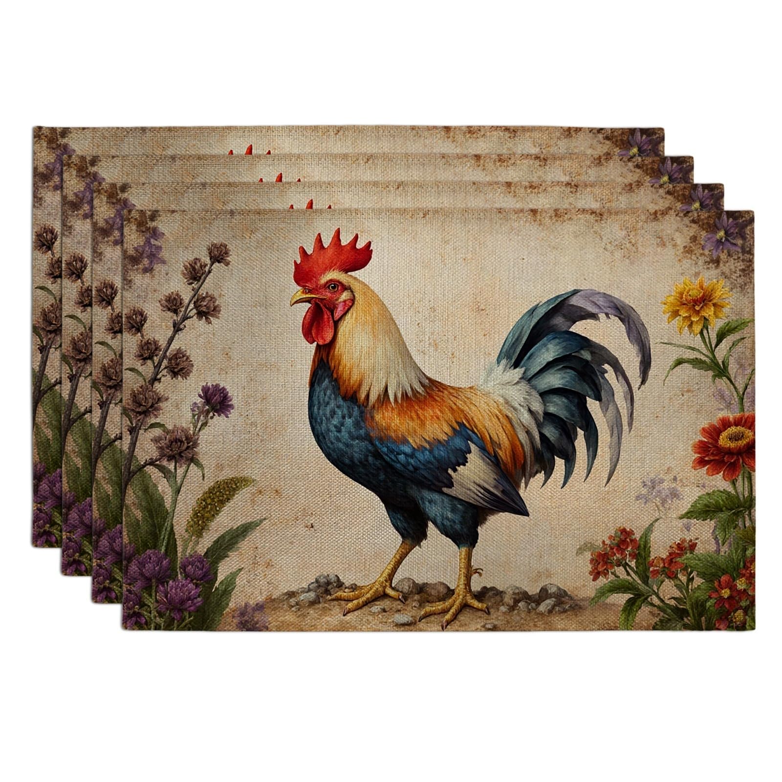 Vintage Rooster Placemats, Rustic Floral Design Place Mats for Dining Table, Country Kitchen Non-Slip Washable Indoor Outdoor Decorative Placemat Set of 4