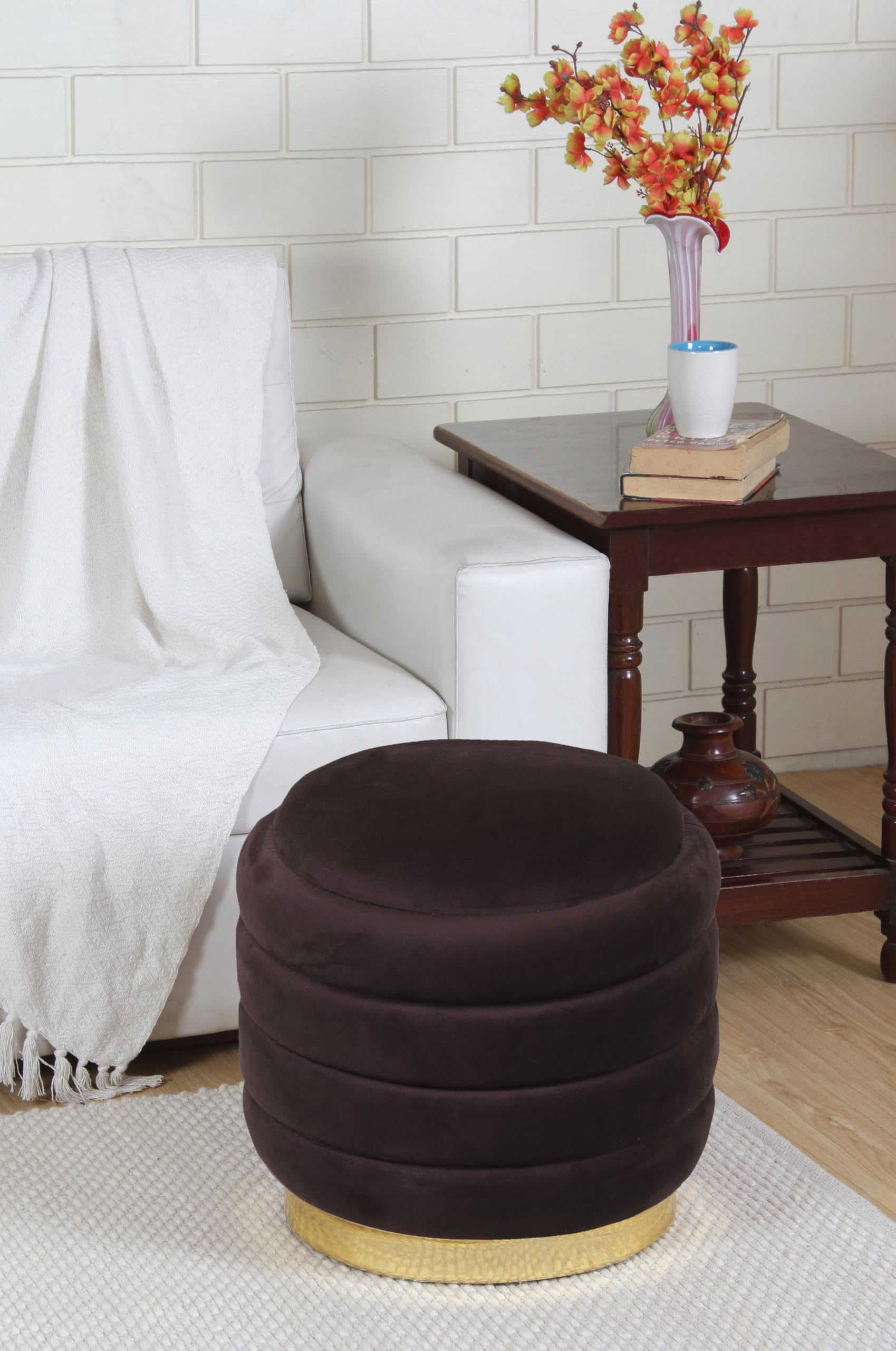 Rugsxerry Furniture Pouffes Sitting Stool for Living Room, Make up Table Mudda Puffy Wooden Ottoman Stools, Pouffe Footstool, Poof for Room Decoration & Dressing Table, 16x16x18 Inch, Coffee