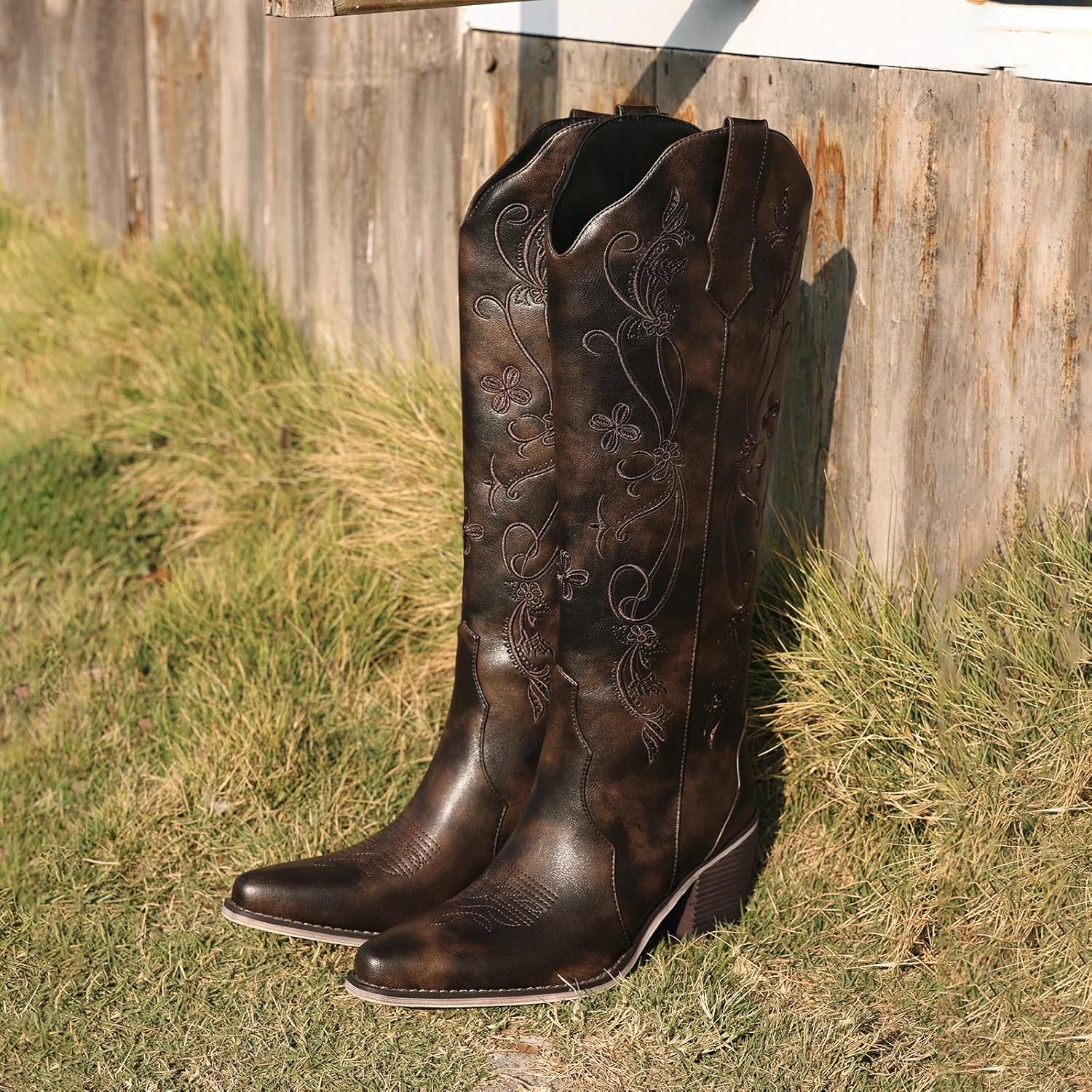 wetkiss Women Cowboy Boots Knee High Comfort Vintage Floral Embroidery, Retro Pointed Toe, Block Chunky Heel, Pull On Tabs, Ladies Western Cowgirl Boots - Image 3