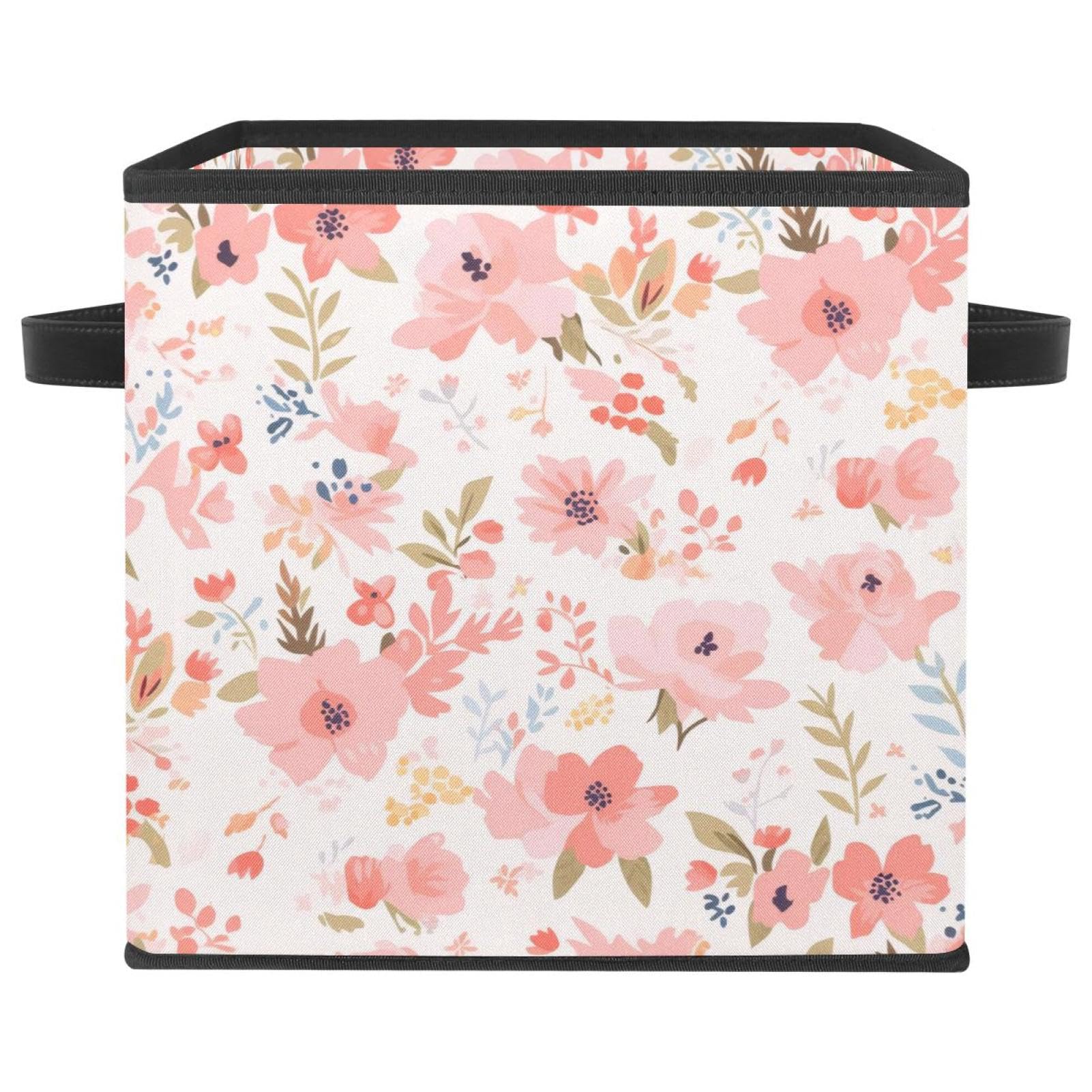 Panier de rangement durable à poignées cuir et motif floral rose