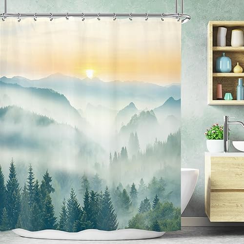 Miniatura 41 de Riyidecor Cortina de ducha de montaña verde rústica para baño, paisaje de bosque, paisaje, tela impermeable, paisaje alpino, decoración de baño