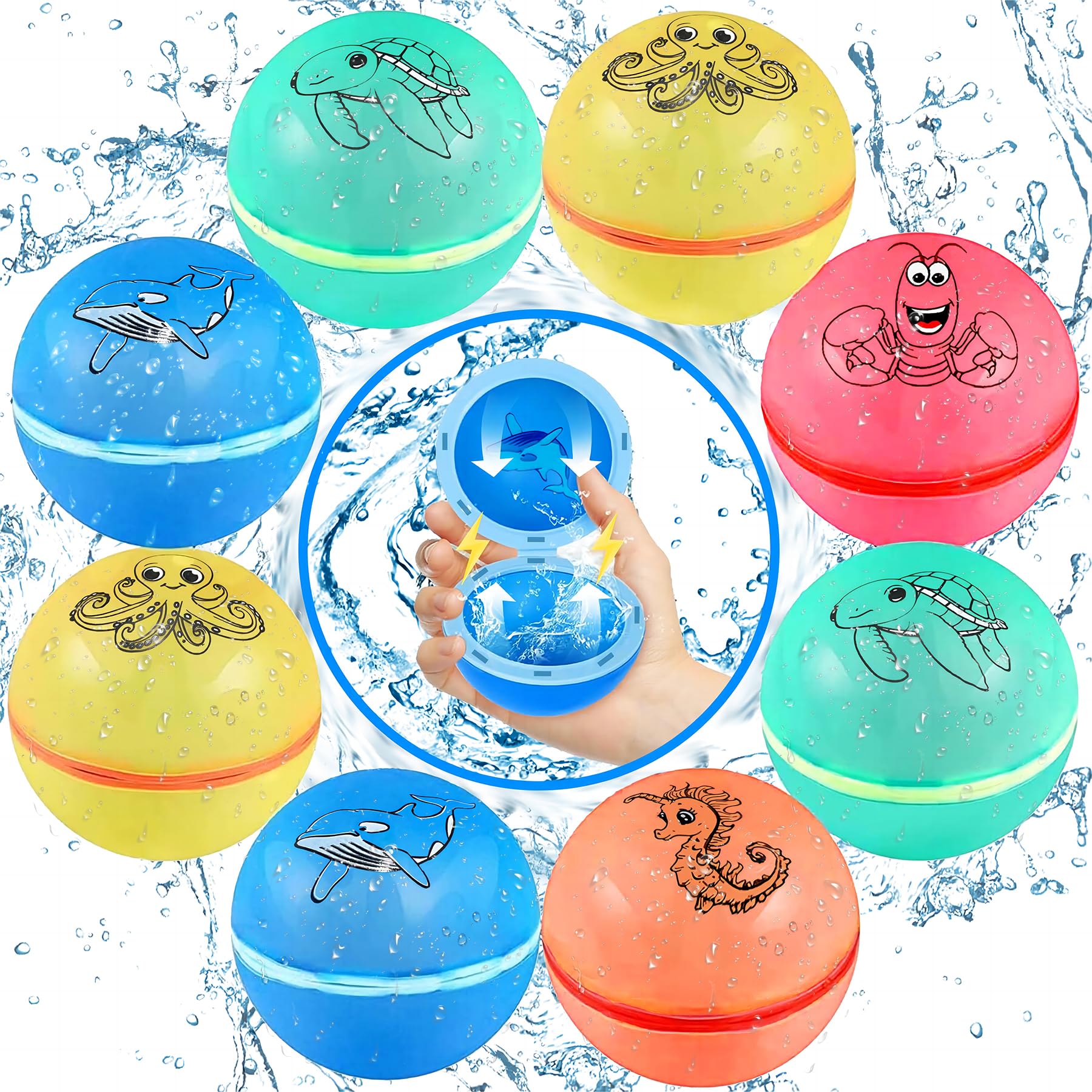 Water Balloons 8 Pcs, Reusable Water Balloons - Magnetic Self Sealing&Quick Fill Water Balloons for Kids and Adults - Pool Toys, Splash Water Bombs