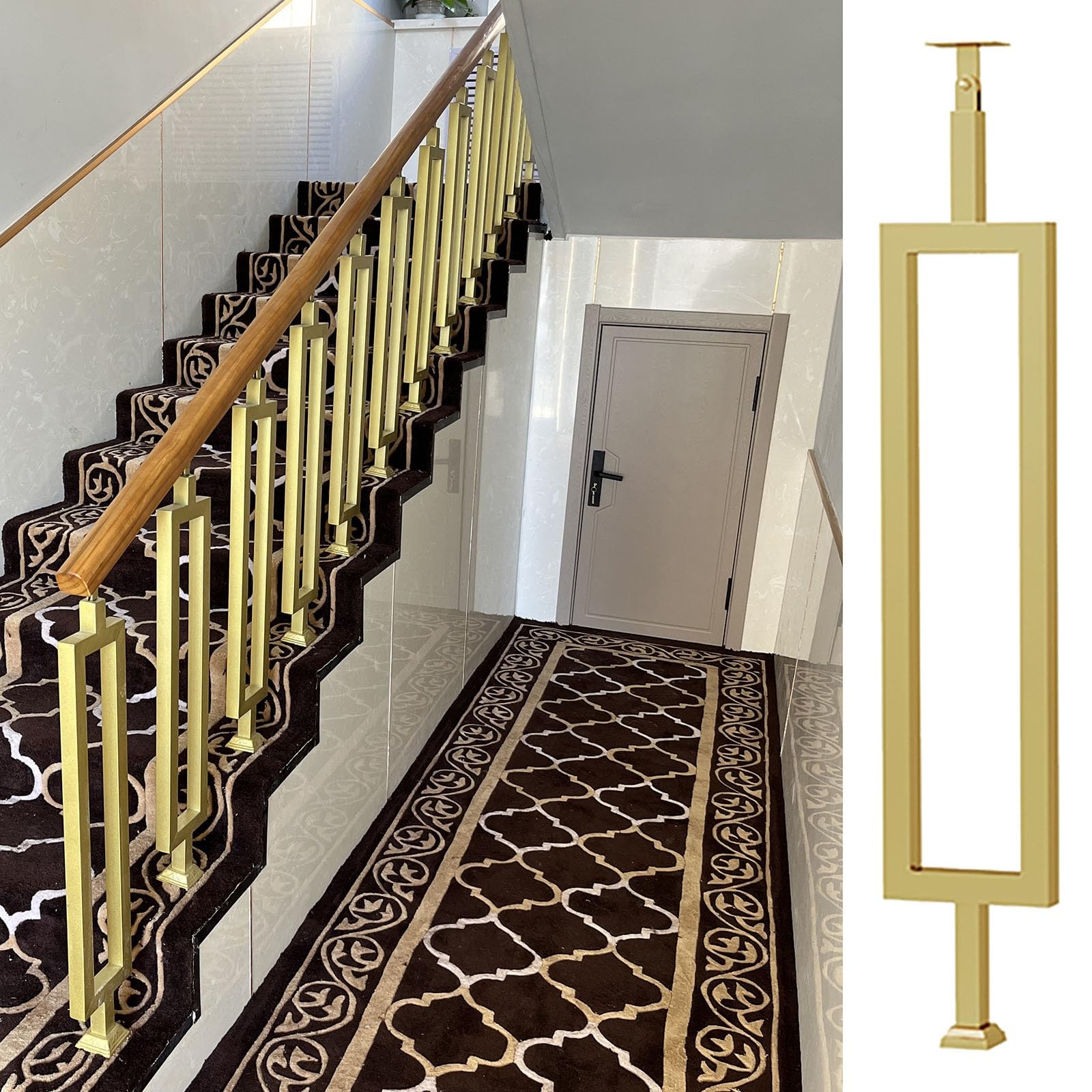 Floor Side Mounted Stairs Balusters For Interior Loft Stairway Wood Steps, 25 30 36 38 40 46 50 In Square Iron Staircase Spindles Adjustable Banister Kit, Black Gold White(Gold-a,H 42in/106.7cm)