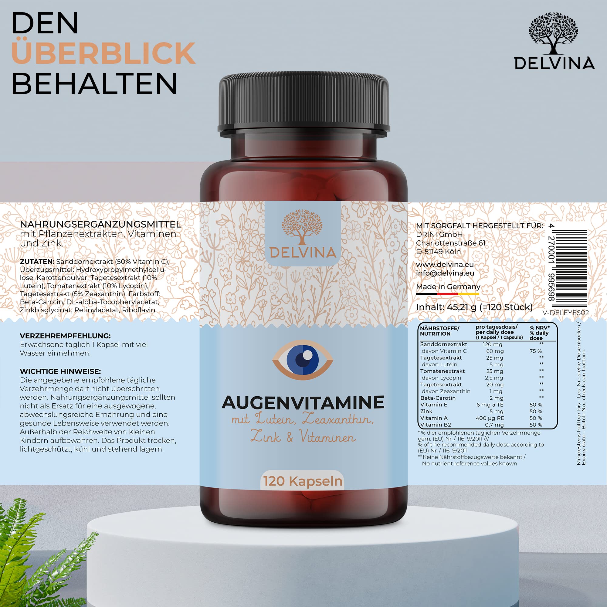 Augenvitamine Hochdosiert - 120 Kapseln - Lutein Zeaxanthin Hochdosiert mit Beta Carotin, Lycopin, Vitamin A, Vitamin C, Vitamin E, Vitamin B2, und Zink - 100% Natürlich und Vegan - 4 Monate Vorrat