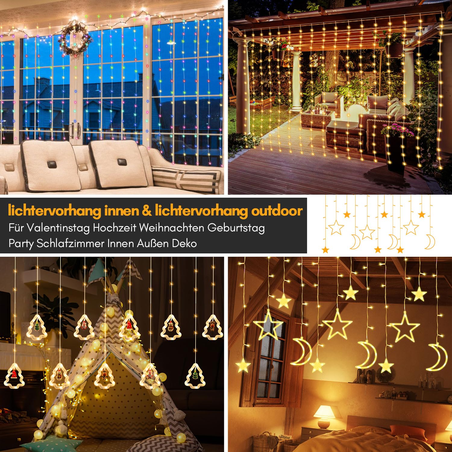 Rideau lumineux à 300 LED - 3 x 3 m - 2 guirlandes lumineuses pour l'intérieur de la fenêtre - 8 modes avec minuterie - Étanche - Lumière de Noël - Décoration intérieure et extérieure - Pour
