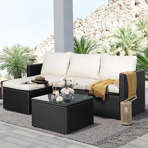 3 Piece PE Rattan Patio Conversation Sofa Set All Weather