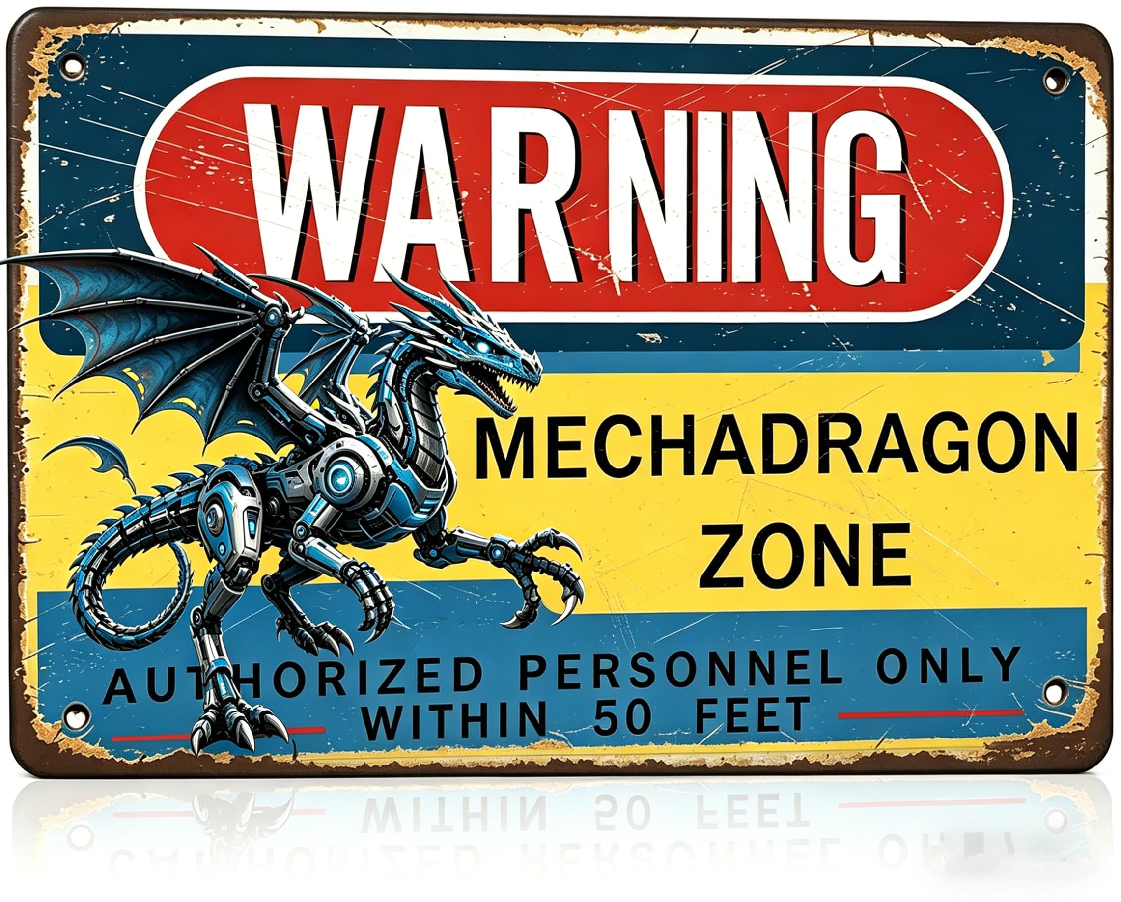 Warning Mechadragon Zone Metal Tin Sign, 8x12 Inch Retro Futuristic Wall Art Decor, Authorized Personnel Only Plaque for Man Cave, Garage, Game Room, Bar Decoration