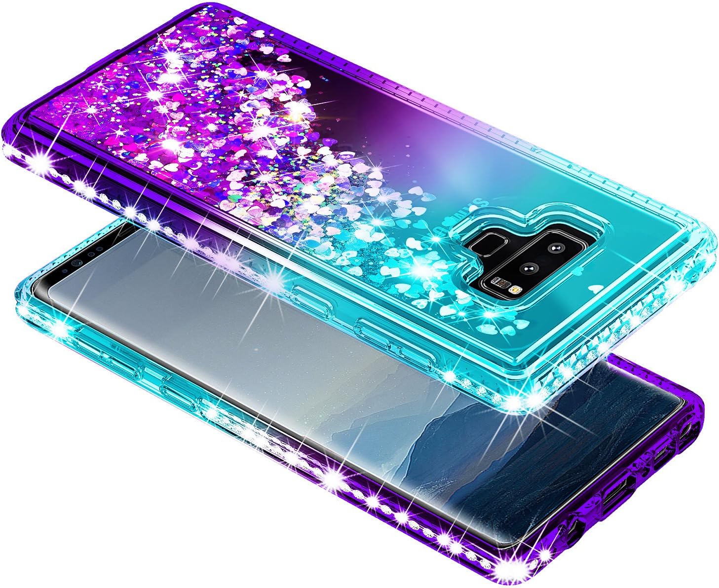 Galaxy Note 9 Case with Screen Protector (3D Pet Full Coverage) for Girls Women, NageBee Glitter Liquid Bling Floating Quicksand Waterfall Shockproof Cute Case for Samsung Galaxy Note 9 -Aqua/Purple