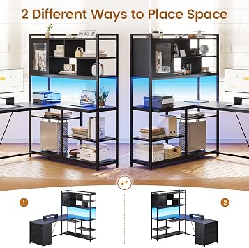 SEDETA 58'' L Shaped Computer Office Desk with 3 Drawers and Bookshelf