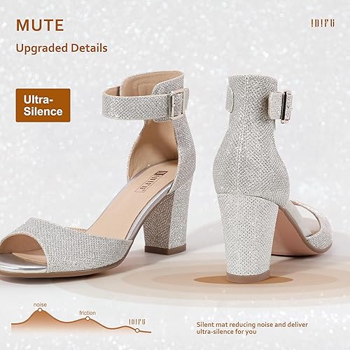 Vista 6 de IDIFU Candie-MI - Sandalias de tacón bajo con puntera abierta para mujer, correa al tobillo, zapatos de vestir cómodos y gruesos para boda